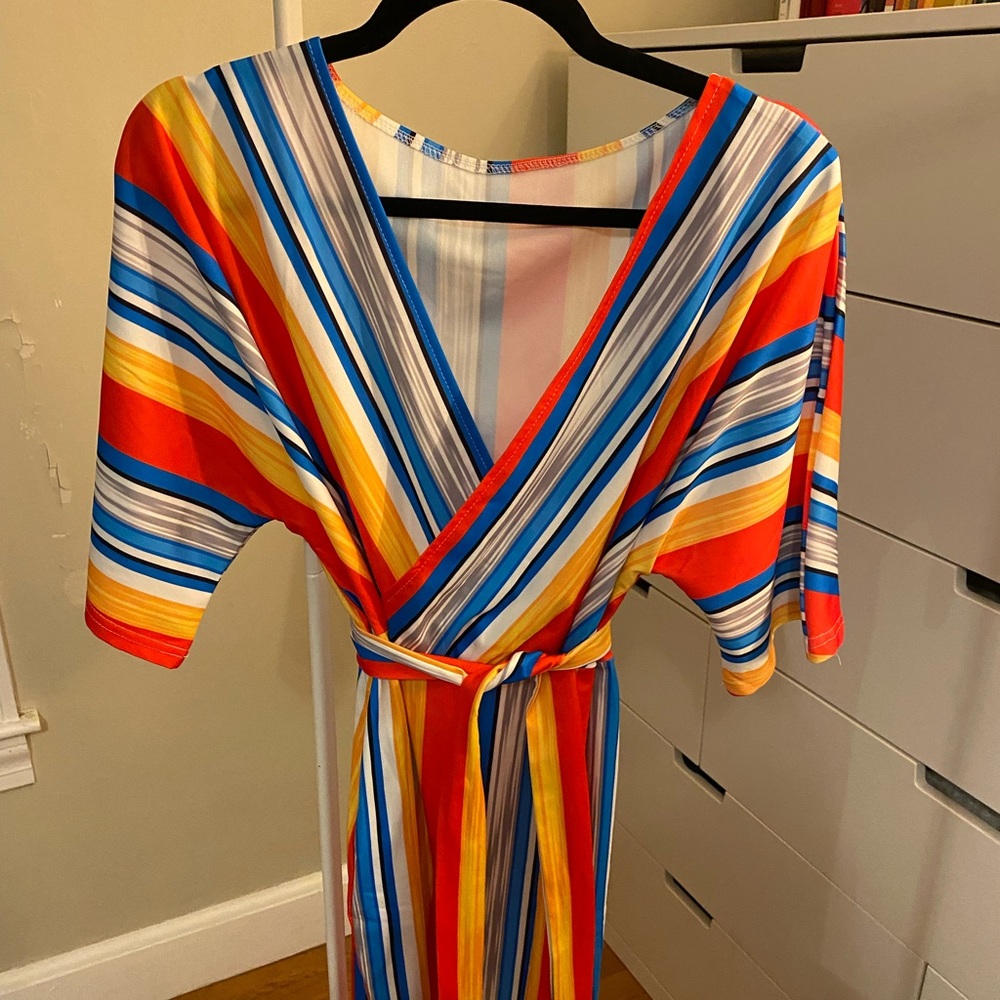 Colorful striped dress with belt tie